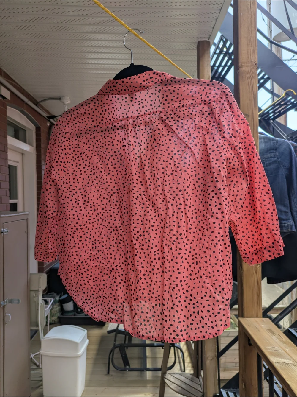 Women’s Coral Pink Button-Down Blouse with Black Dot Print - Picture 6 of 8